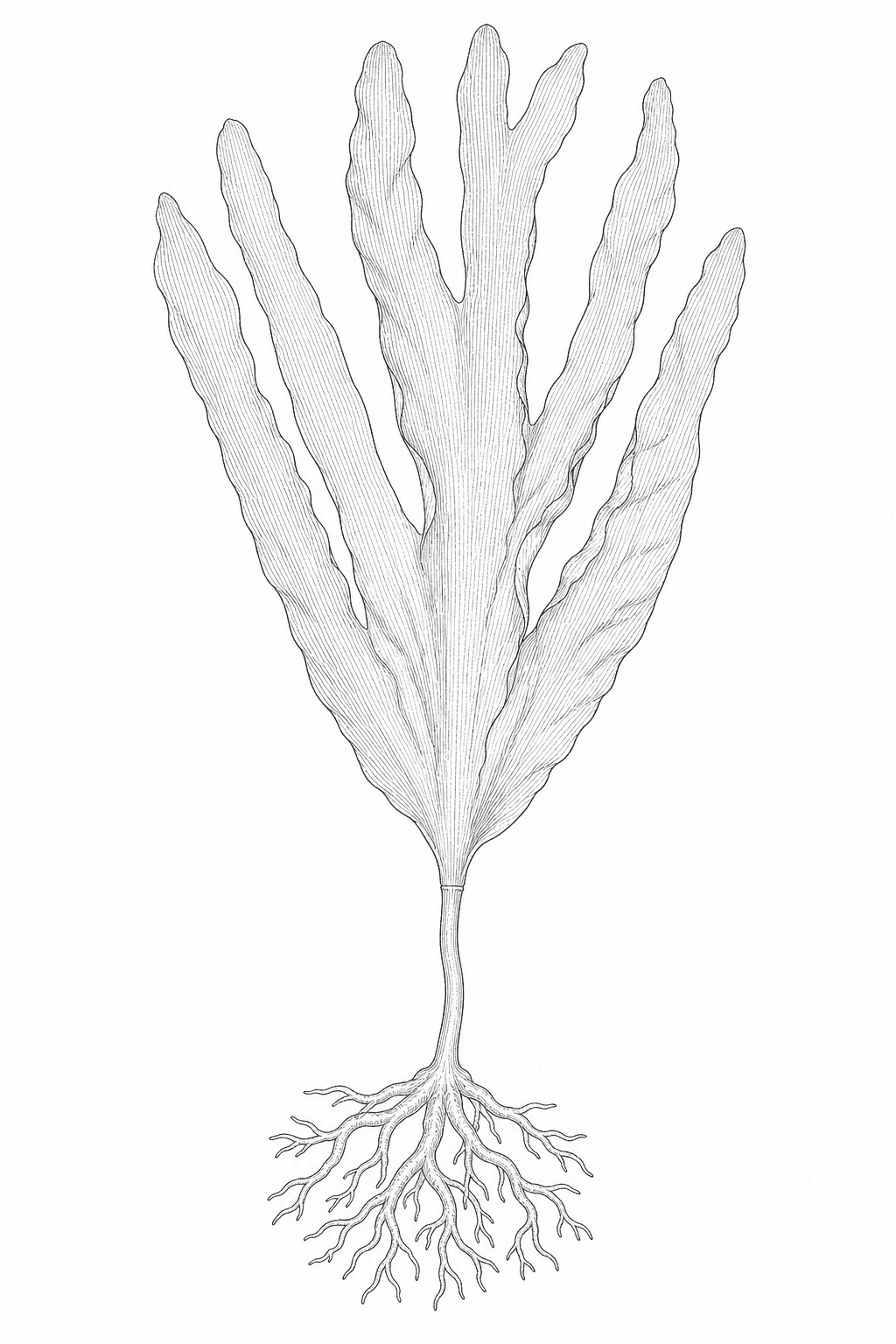 Line drawing of a Laminaria digitata frond, showing blade, stipe and holdfast